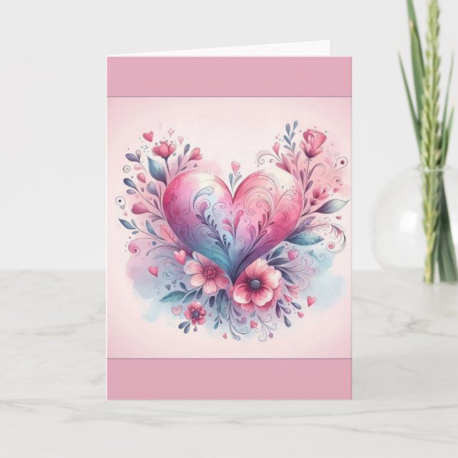 Valentine's Day Card Pink Flowers Pink Heart (Front)