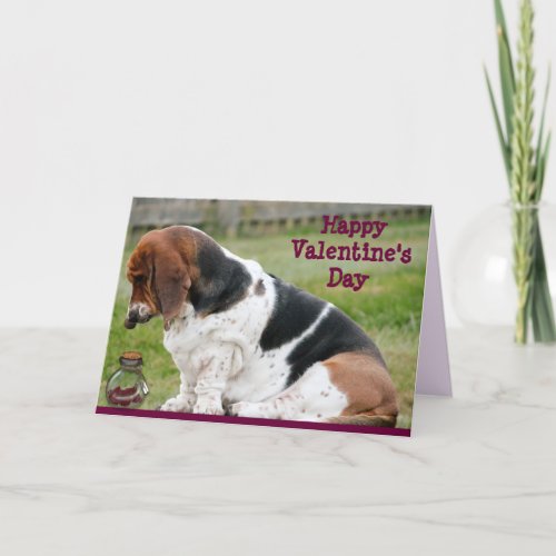 Valentines Day Card with Basset Hound and Hearts