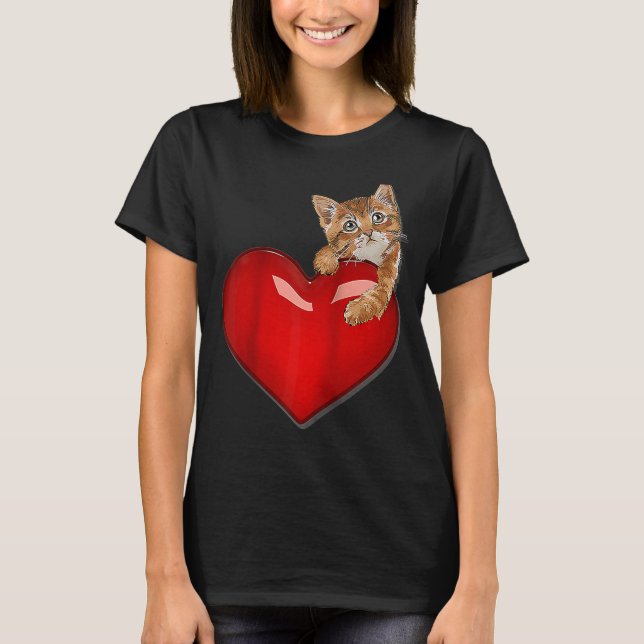 Valentines Day Cat w Red Heart cute kitten valenti T-Shirt (Front)