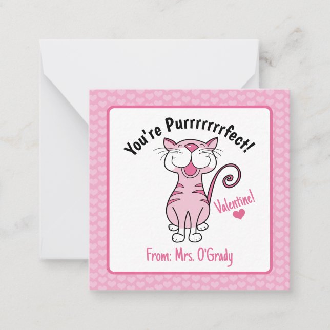 Valentine's Day Cat You're Purrrfect Kids Teacher Note Card (Front)