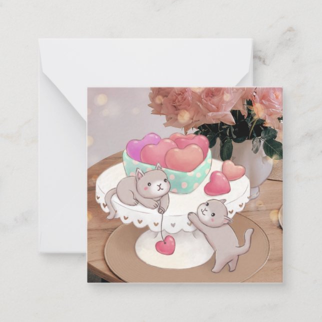 Valentine's Day: Cats, Heart Cookies & Flowers Note Card (Front)