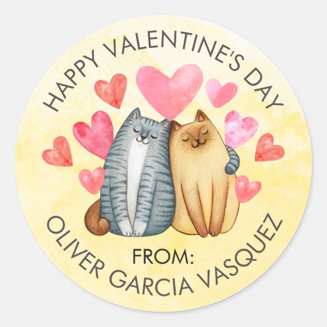 Valentines Day Cats Hearts Favors Treat Bags Cute Classic Round Sticker (Front)