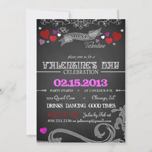 Valentines Day Chalkboard Hearts Party Invitation