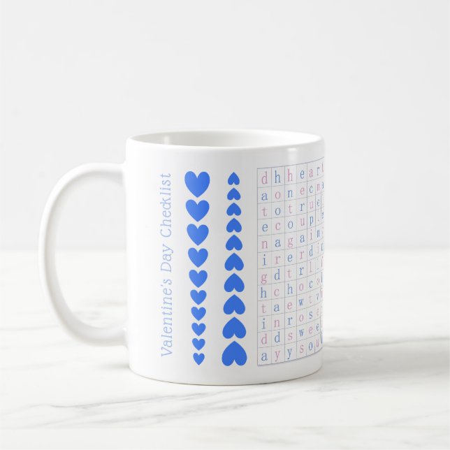 Valentine's Day Checklist Puzzle Pink, Blue Hearts Coffee Mug (Left)