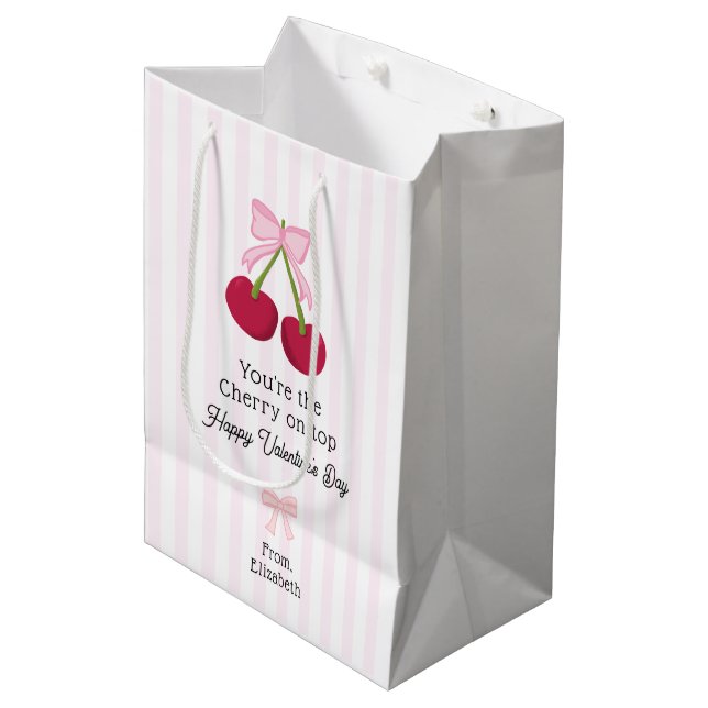 Valentine's Day Cherry on Top Coquette Stripes Medium Gift Bag (Front Angled)