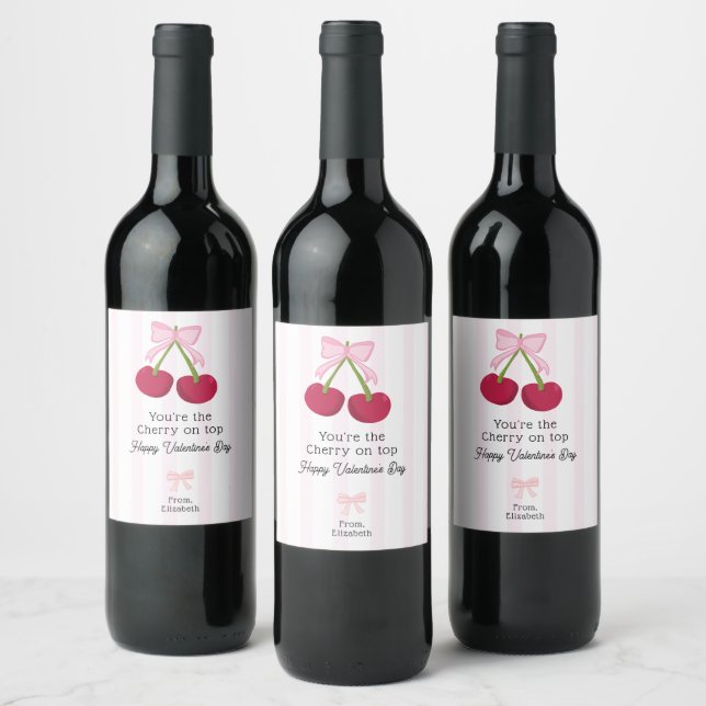 Valentine's Day Cherry on Top Coquette Stripes Wine Label (Bottles)
