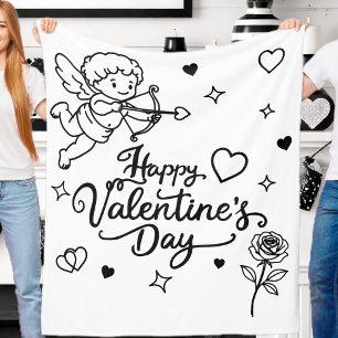 Valentines Day Cherub & Romantic Doodle Design Fleece Blanket