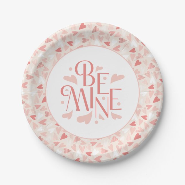 Valentines Day Chic Pink Hearts Be Mine Party Paper Plates (Front)