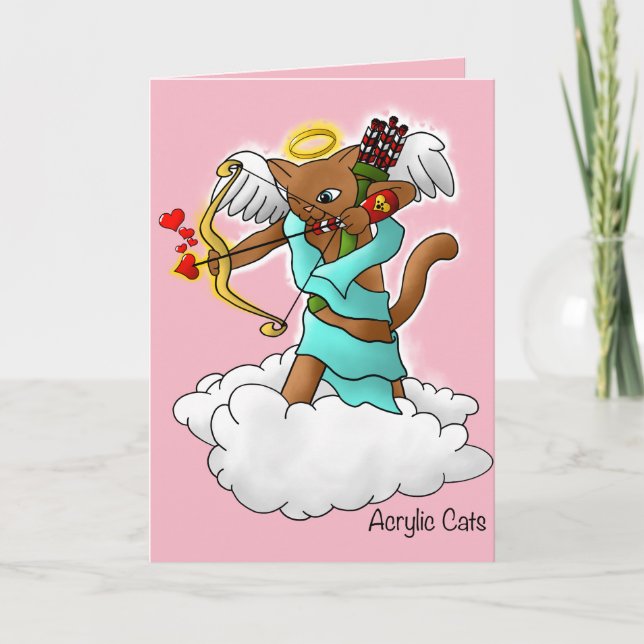 Valentine's Day Chocolate Brown Cupid Cat Holiday Card (Front)