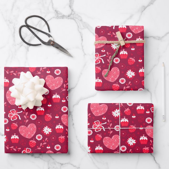 Valentine's Day Chocolate Cupcakes Strawberries Wrapping Paper Sheets (Front)