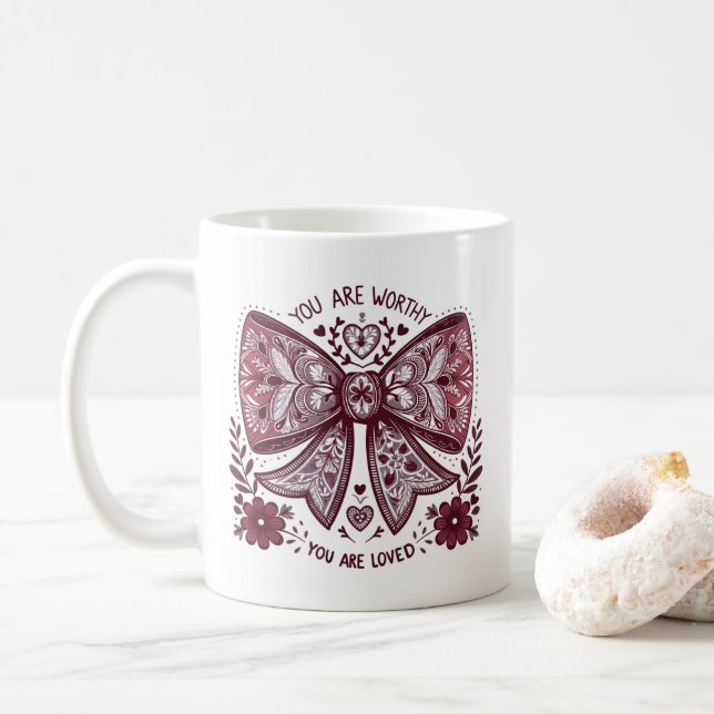 Valentine's Day Christian You are Worthy Coquette Coffee Mug (With Donut)