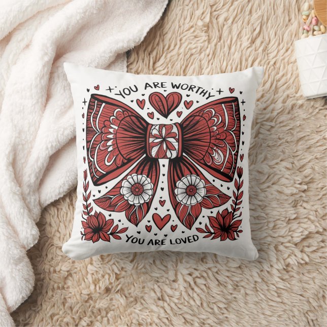 Valentine's Day Christian You are Worthy Coquette Throw Pillow (Blanket)