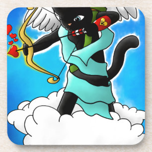 Valentine's Day Coal Black Cupid Cat+BGC Beverage Coaster