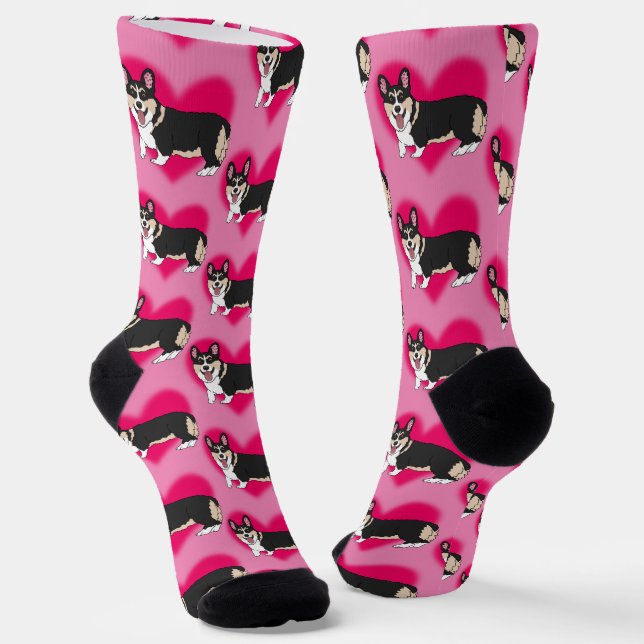 Valentines Day Corgi  Hearts Xoxo  Socks (Angled)