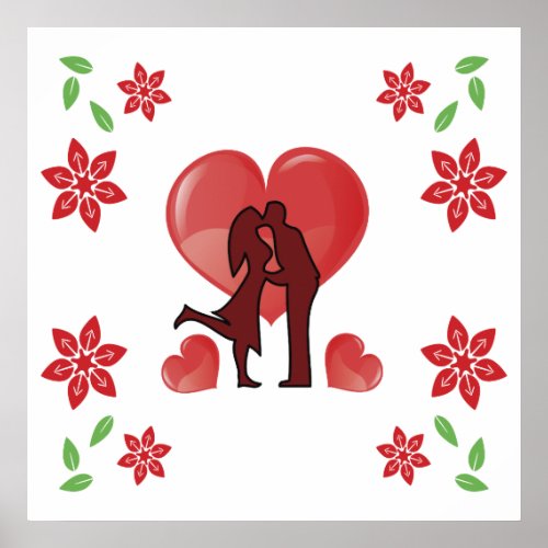 Valentines Day couple kissing with hearts Poster