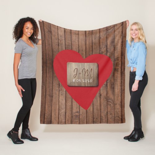 Valentines Day couple names initials rustic wood Fleece Blanket