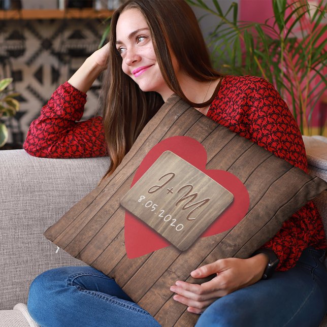 Valentines Day couple names initials rustic wood Throw Pillow (Creator Uploaded)