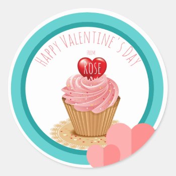 Valentine's Day Cupcake Heart Classic Round Sticker by ThreeFoursDesign at Zazzle