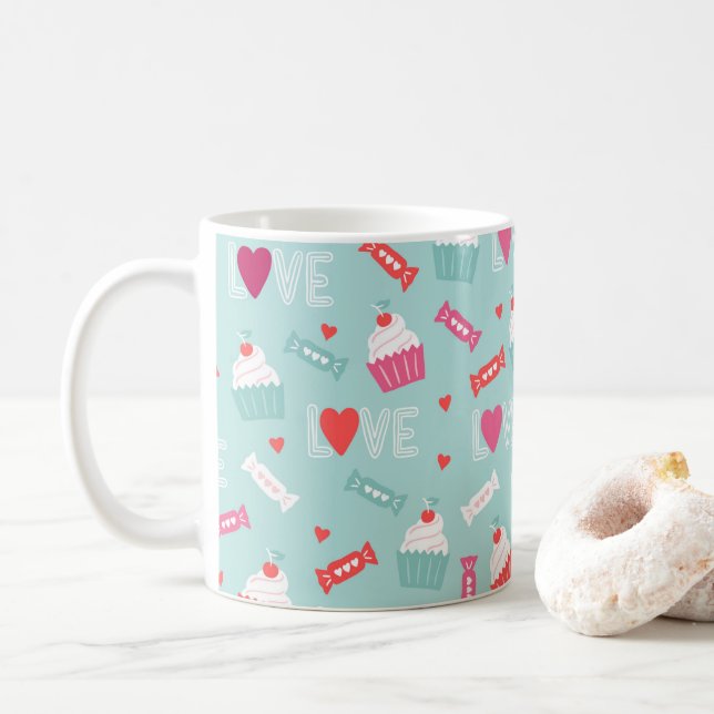Valentine's Day Cupcake Hearts Love Pattern Coffee Mug (With Donut)