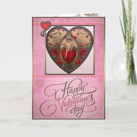Valentine's Day - Cupid And A Big Red Heart. Holiday Card