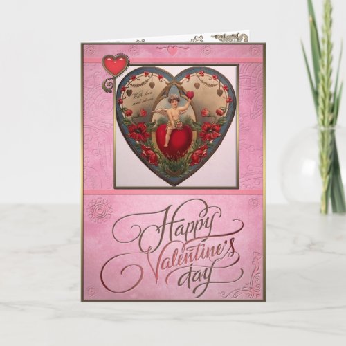 Valentines Day _ Cupid and a big red heart Holiday Card