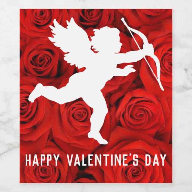 Valentine's Day Cupid and Red Roses Wine Label (Single Label)