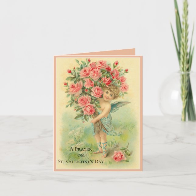 Valentines Day  Cupid Angel with Roses Holiday Card (Front)