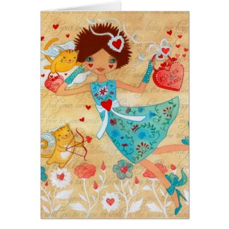 Valentine's Day Cupid Cats with Hearts and Flowers Greeting Card