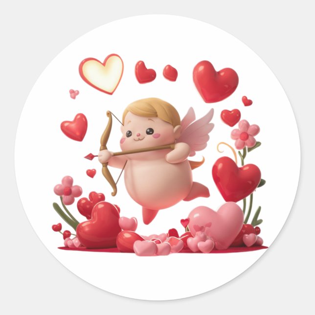 Valentine's Day Cupid Shooting Sticker, Label (Front)