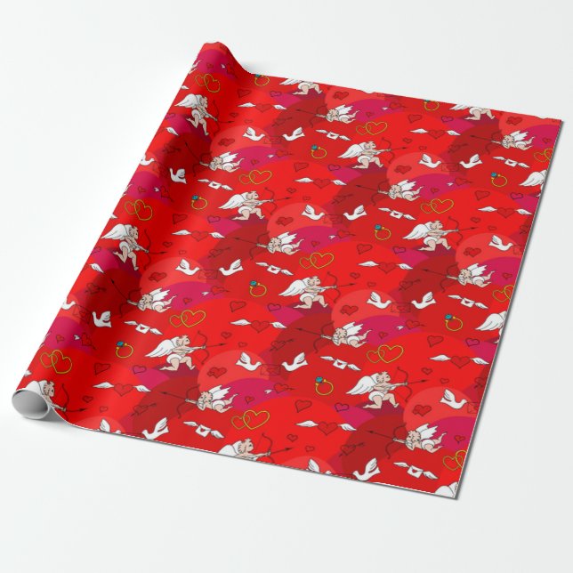 Valentine's Day Cupid Wings Heart Red Pink Wrapping Paper (Unrolled)