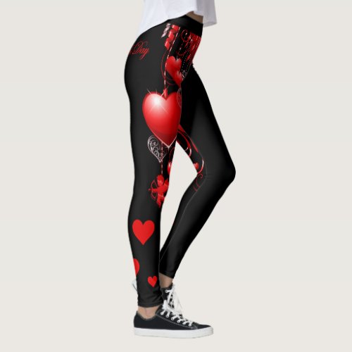 Valentines Day Cupids Bow Hearts Black Leggings