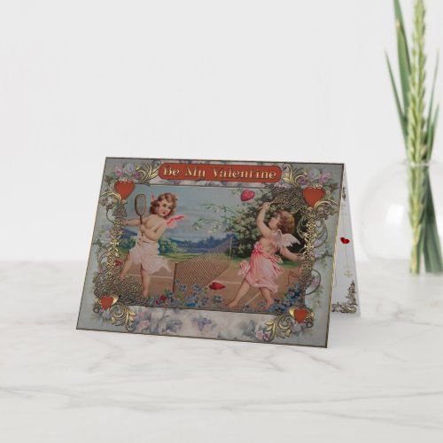 Valentines Day _ Cupids playing tennis hearts Holiday Card