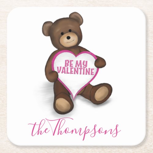 Valentines Day Custom Cute Vintage Teddy Bear  Square Paper Coaster