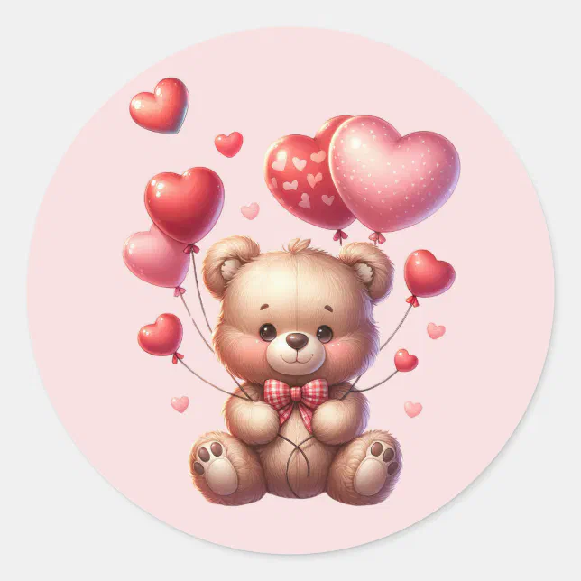 Valentines Day Cute Bear Holding Balloons Classic Round Sticker | Zazzle