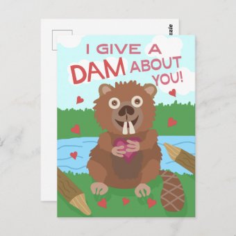 Valentine's Day Cute Beaver Give A Dam Pun Funny Postcard | Zazzle