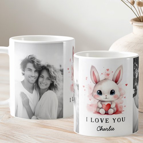 Valentines day cute bunny holding heart name photo coffee mug