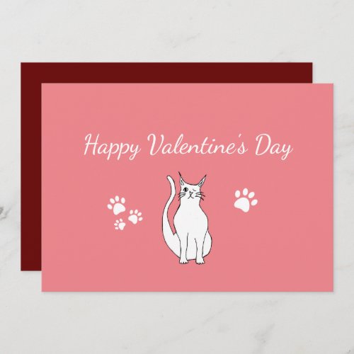 Valentines Day Cute Cat Drawing Pink Red Holiday Card