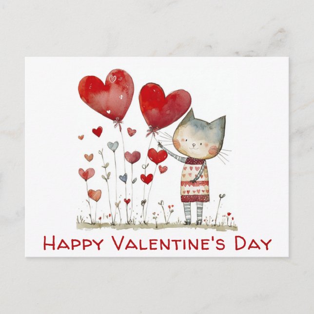 Valentines Day Cute Cat Hearts Watercolor Postcard (Front)