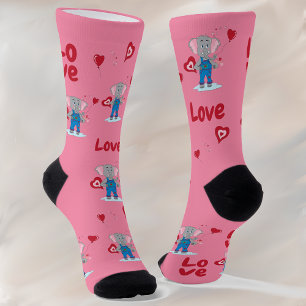Valentine's Day Cute Elephant Pink Red Crew Socks