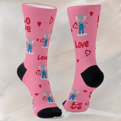 Valentines Day Cute Elephant Pink Red Crew Socks