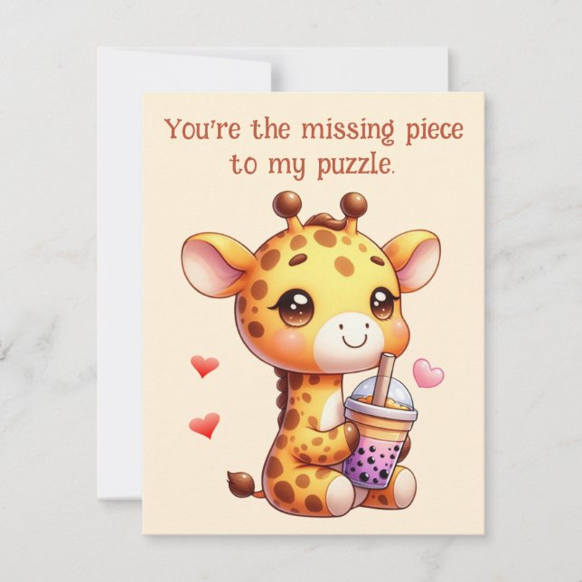 Valentines Day Cute Giraffe Love Boba Holiday Card (Front)