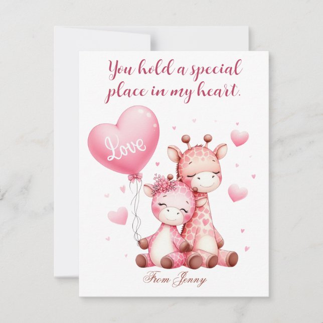 Valentines Day Cute Giraffes Holding Love Balloon Holiday Card (Front)