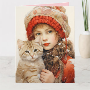 VALENTINE'S DAY CUTE GIRL AND CAT GREETING CARD