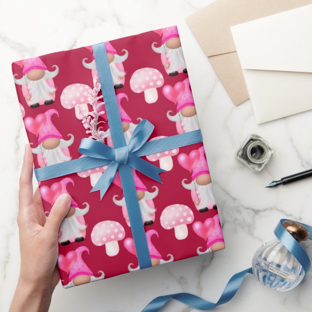 Valentines Day Cute Gnomes Pattern Pink Red Wrapping Paper (Gifting)