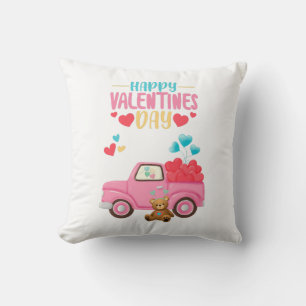 Valentine's Day Cute Hearts Pink Truck Teddy Bear Throw Pillow