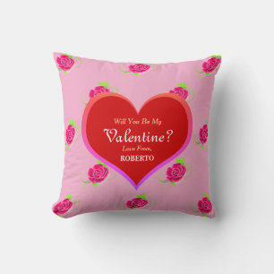 Valentine's Day Cute Hot Pink Roses Hearts Girly  Throw Pillow