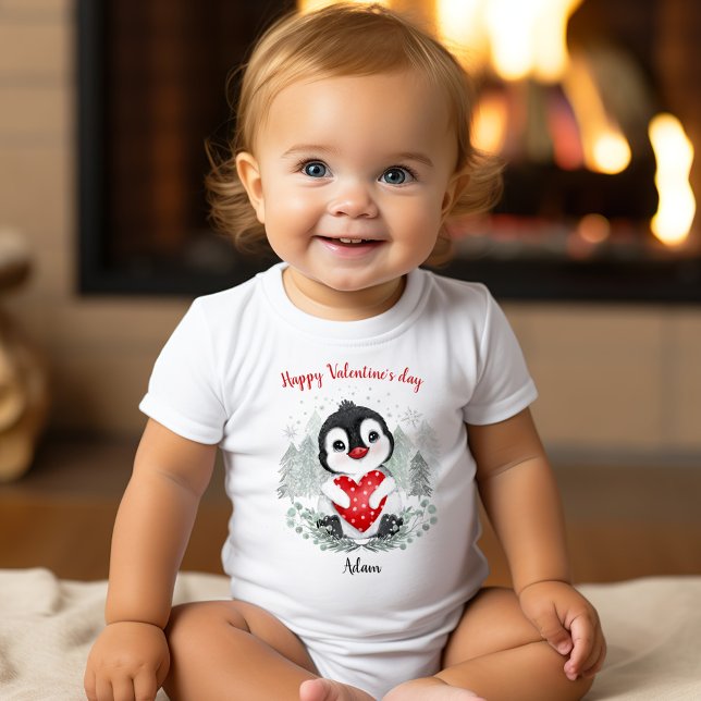 Valentine's day Cute Penguin Custom Name Baby Bodysuit (Valentine's day Personalized Baby Bodysuit)