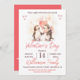 Valentine's Day Cute Penguins and Heart Party  Invitation