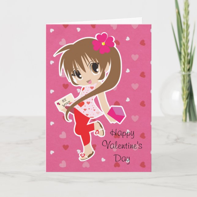 Valentine's Day Cute Pink Chibi Girl with Hearts Holiday Card (Front)