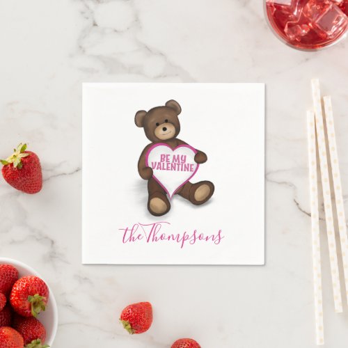 Valentines Day Cute Pink Heart Teddy Bear Napkins